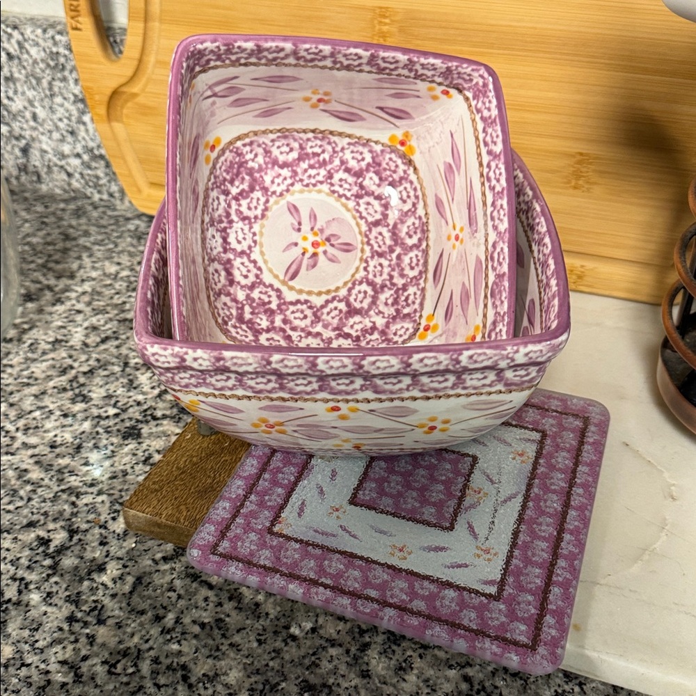 Temp-tations Presentable Ovenware-OLD WORLD LAVENDER two bowls and glass square